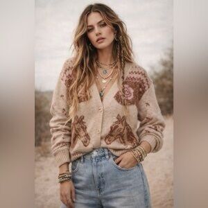 Haute Hippie Beige and Brown Horse Pattern Cardigan NWT